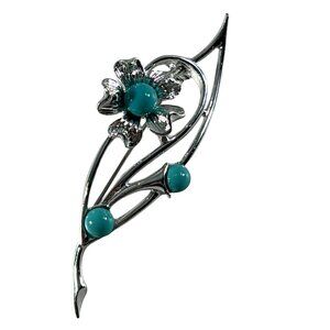 Vintage Sarah Coventry Silver Tone Flower Brooch Pin Faux Turquoise Stones